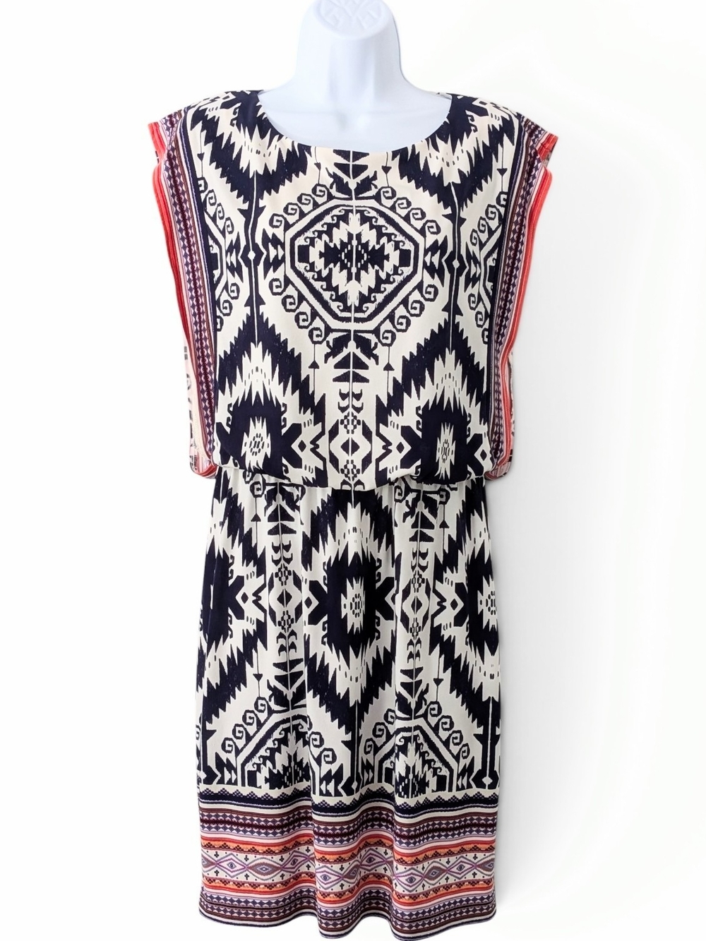London Times Aztec Print Knee Length Dress Navy And Cream Coral Accent